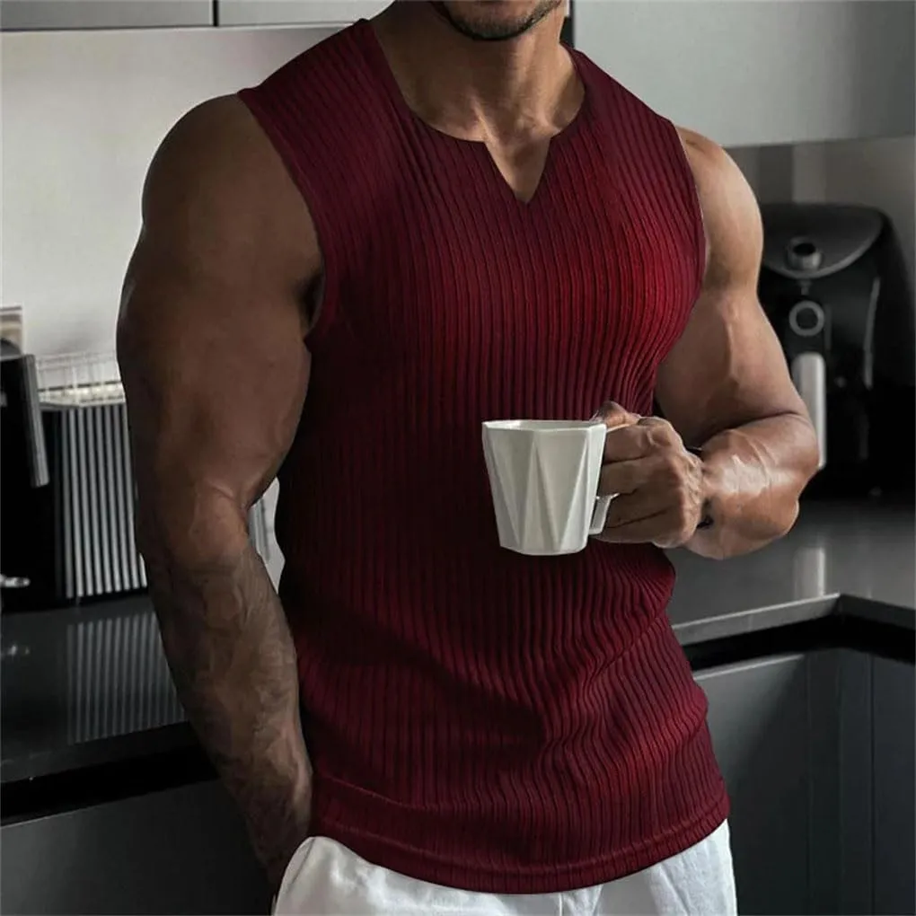 Men V-Neck Vest Stripe Gym Tank Top Men Fitness Sleeveless Shirt