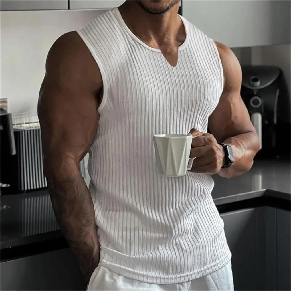Men V-Neck Vest Stripe Gym Tank Top Men Fitness Sleeveless Shirt