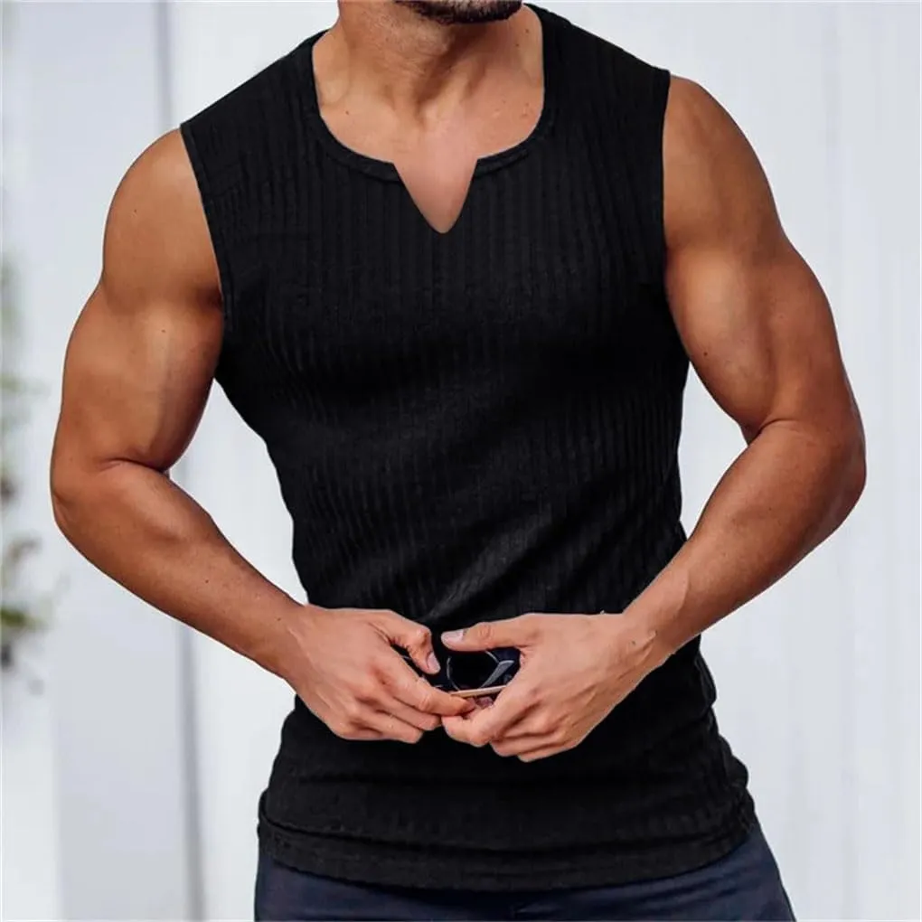 Men V-Neck Vest Stripe Gym Tank Top Men Fitness Sleeveless Shirt