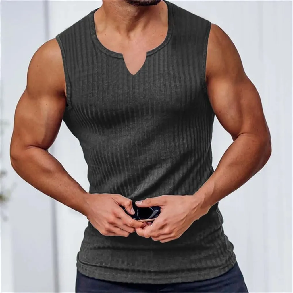 Men V-Neck Vest Stripe Gym Tank Top Men Fitness Sleeveless Shirt