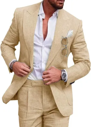 Mens 2 Piece Linen Suit Slim Fit Wedding Tuxedo Summer Beach Suit Prom Party Blazer Pants