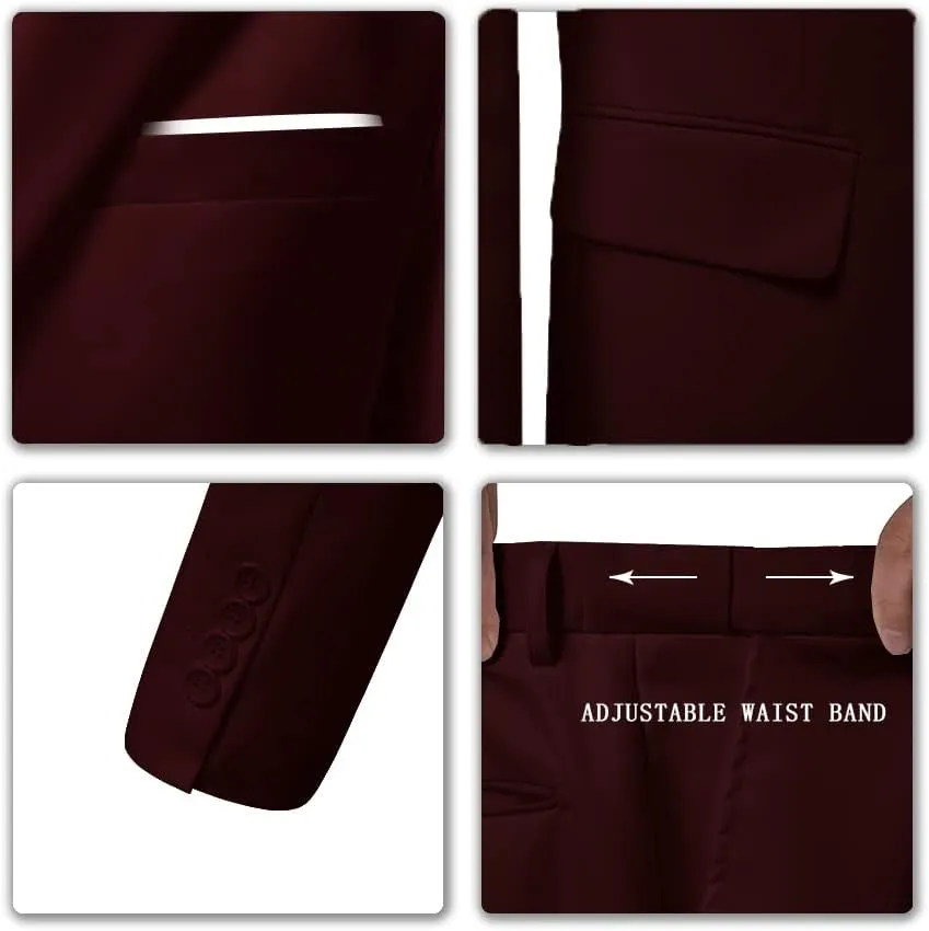 Men's 3 Piece Slim Fit Suit Set, Two Button Blazer Solid Jacket Vest Pants Wedding Business Suit