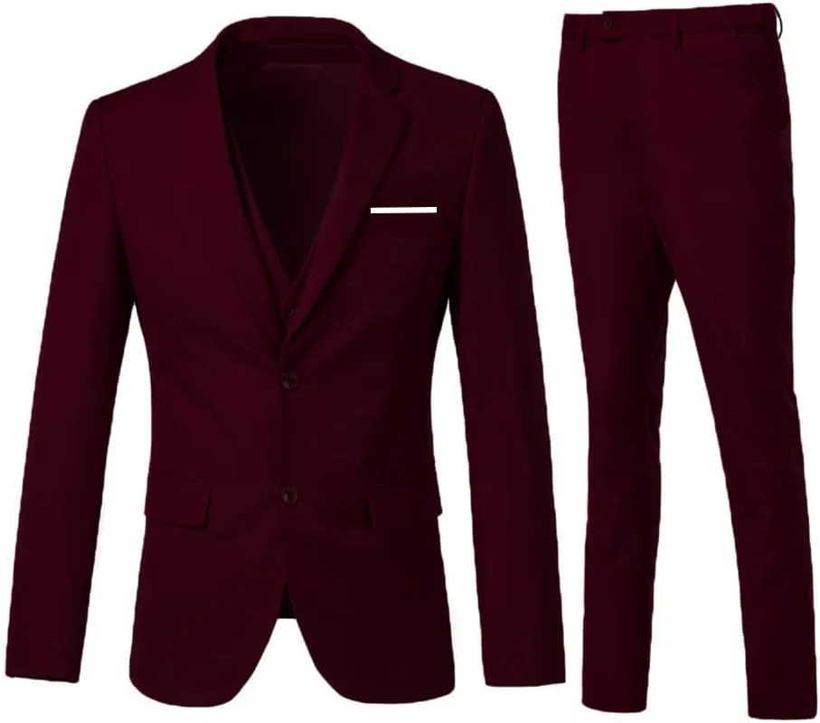 Men's 3 Piece Slim Fit Suit Set, Two Button Blazer Solid Jacket Vest Pants Wedding Business Suit
