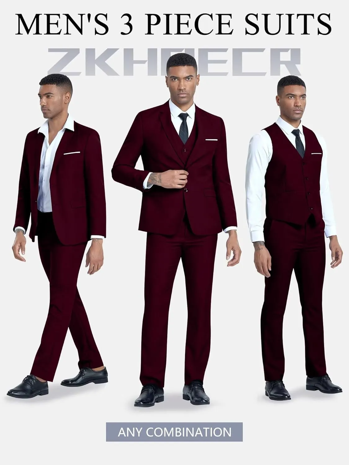 Men's 3 Piece Slim Fit Suit Set, Two Button Blazer Solid Jacket Vest Pants Wedding Business Suit