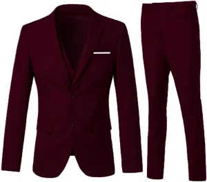 Men's 3 Piece Slim Fit Suit Set, Two Button Blazer Solid Jacket Vest Pants Wedding Business Suit