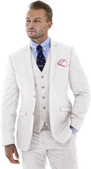 Men's 3 Pieces Linen Suit Slim Fit Summer Wedding Tuxedo Retro Grooms Prom Party Blazer Vest Pants
