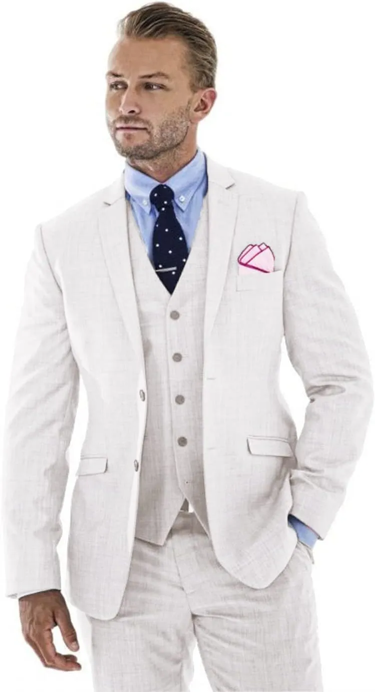 Men's 3 Pieces Linen Suit Slim Fit Summer Wedding Tuxedo Retro Grooms Prom Party Blazer Vest Pants