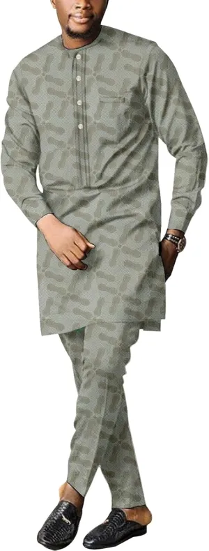 Men's African Dashiki Formal Suit Long Sleeve Shirt and Pant Two Piece Set Traditional Tribal Outfits