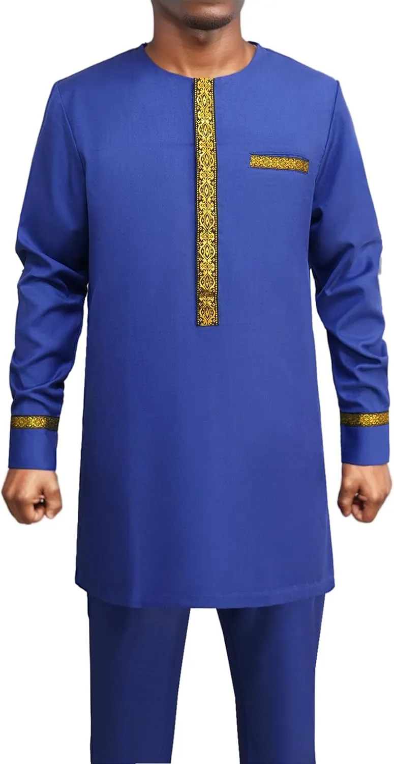 Men's African Dashiki Formal Suit Long Sleeve Shirt and Pant Two Piece Set Traditional Tribal Outfits