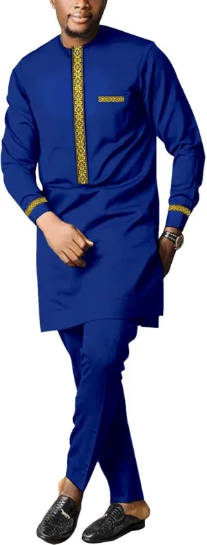 Men's African Dashiki Formal Suit Long Sleeve Shirt and Pant Two Piece Set Traditional Tribal Outfits