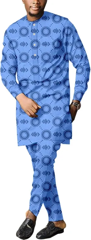 Men's African Dashiki Formal Suit Long Sleeve Shirt and Pant Two Piece Set Traditional Tribal Outfits