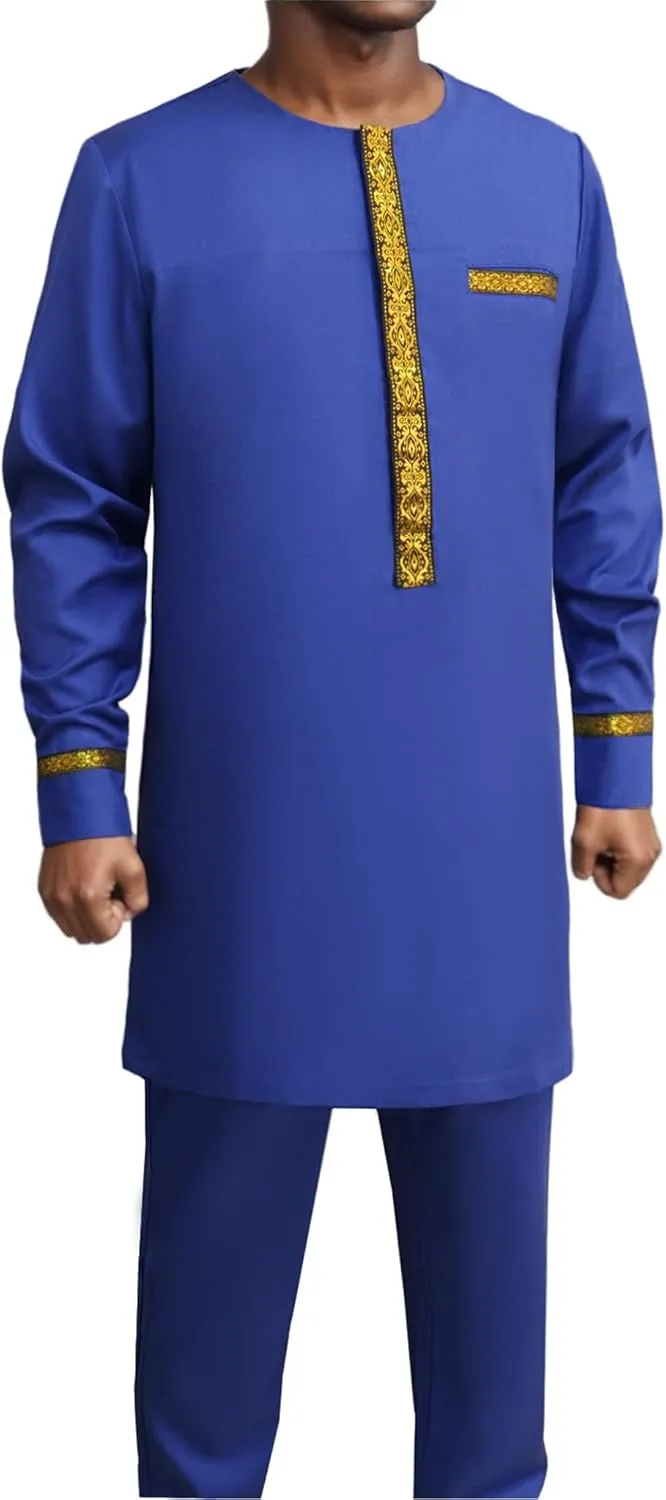 Men's African Dashiki Formal Suit Long Sleeve Shirt and Pant Two Piece Set Traditional Tribal Outfits