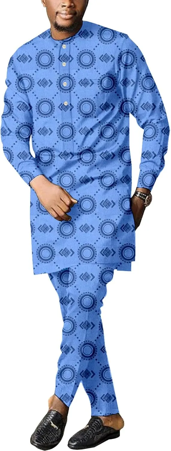Men's African Dashiki Formal Suit Long Sleeve Shirt and Pant Two Piece Set Traditional Tribal Outfits