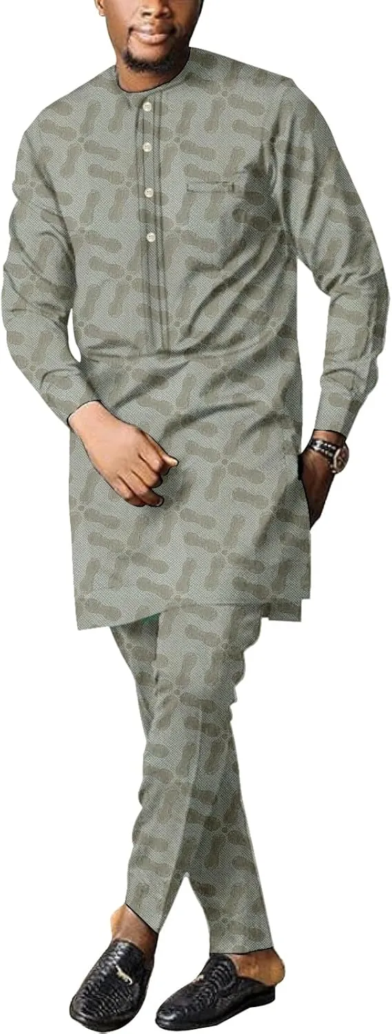 Men's African Dashiki Formal Suit Long Sleeve Shirt and Pant Two Piece Set Traditional Tribal Outfits
