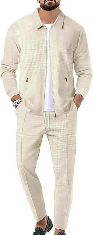 Men's Full Zip Polo Jacket & Drawstring Pants Set 2pcs Regular Fit Casual Sport Tracksuit with Pockets