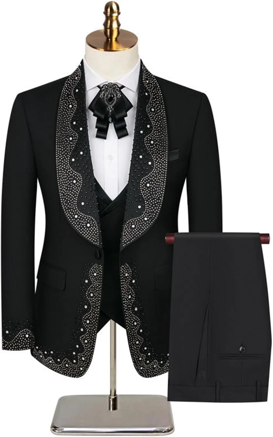 Mens Luxury 3 Pieces Suit with Rhinestone Slim Fit Shawl Lapel Blazer Jacket Vest Pants Set for Prom,Party,Dinner