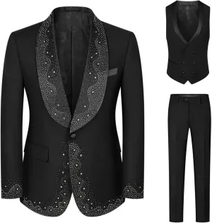 Mens Luxury 3 Pieces Suit with Rhinestone Slim Fit Shawl Lapel Blazer Jacket Vest Pants Set for Prom,Party,Dinner