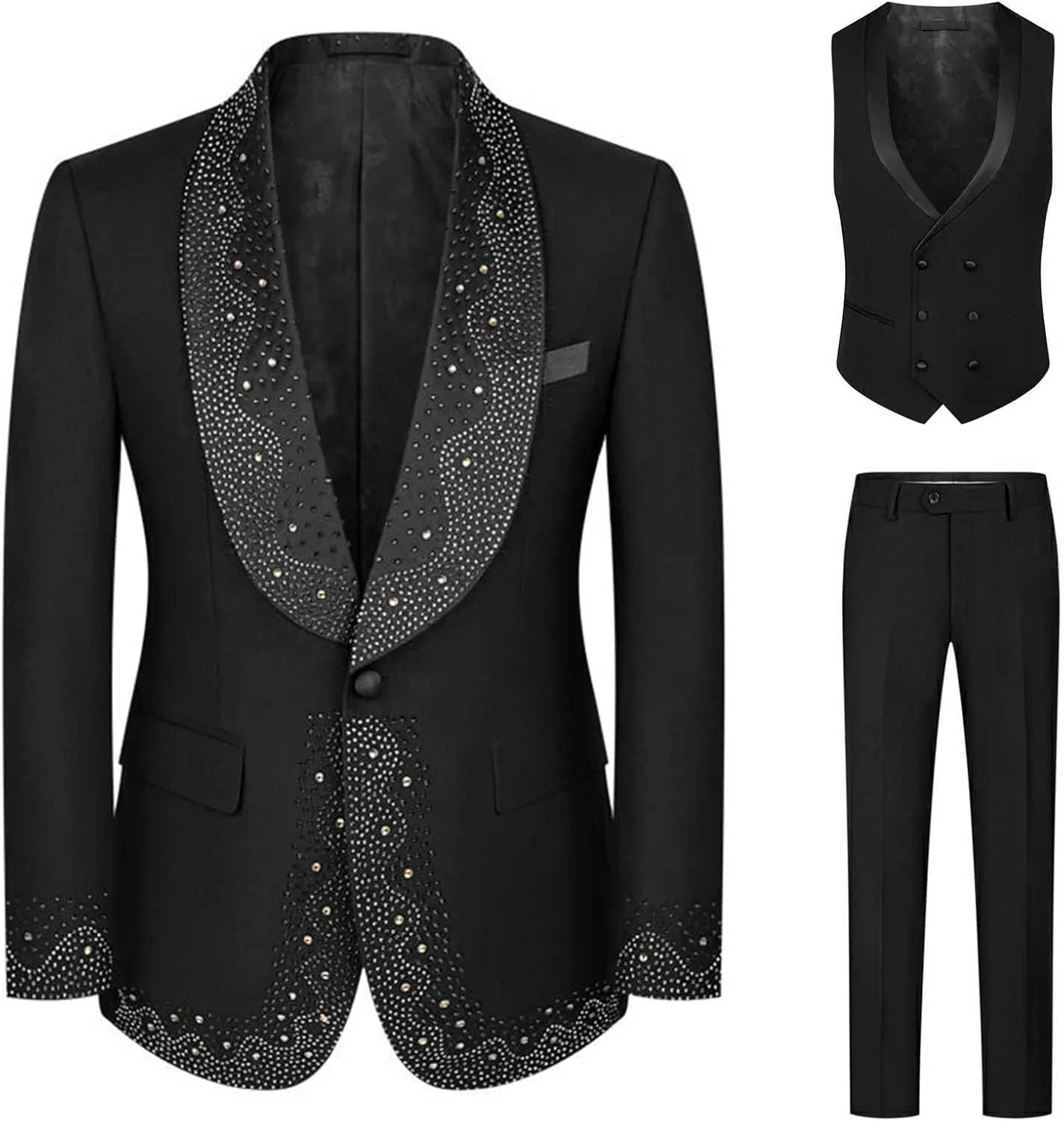 Mens Luxury 3 Pieces Suit with Rhinestone Slim Fit Shawl Lapel Blazer Jacket Vest Pants Set for Prom,Party,Dinner