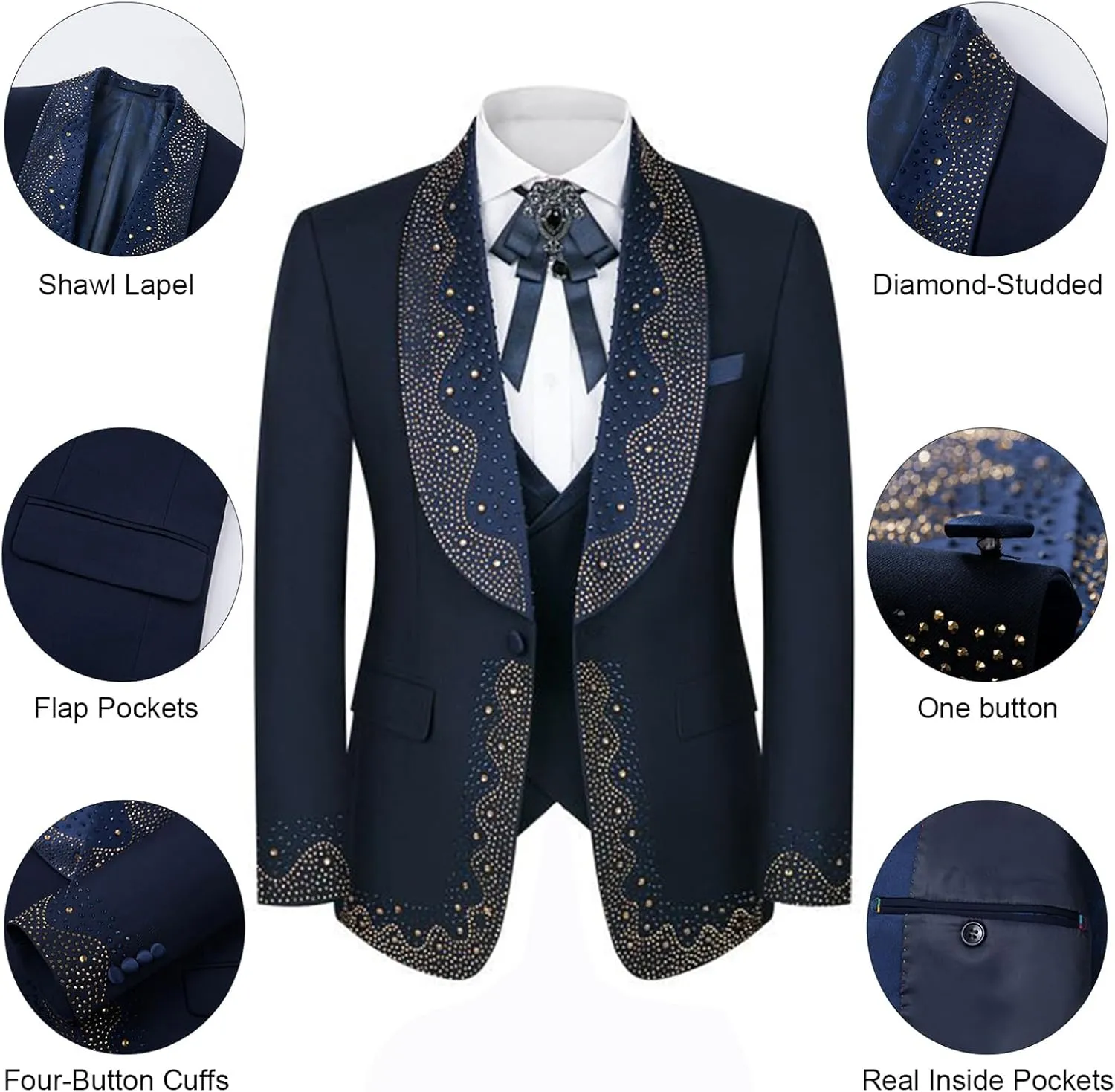 Mens Luxury 3 Pieces Suit with Rhinestone Slim Fit Shawl Lapel Blazer Jacket Vest Pants Set for Prom,Party,Dinner