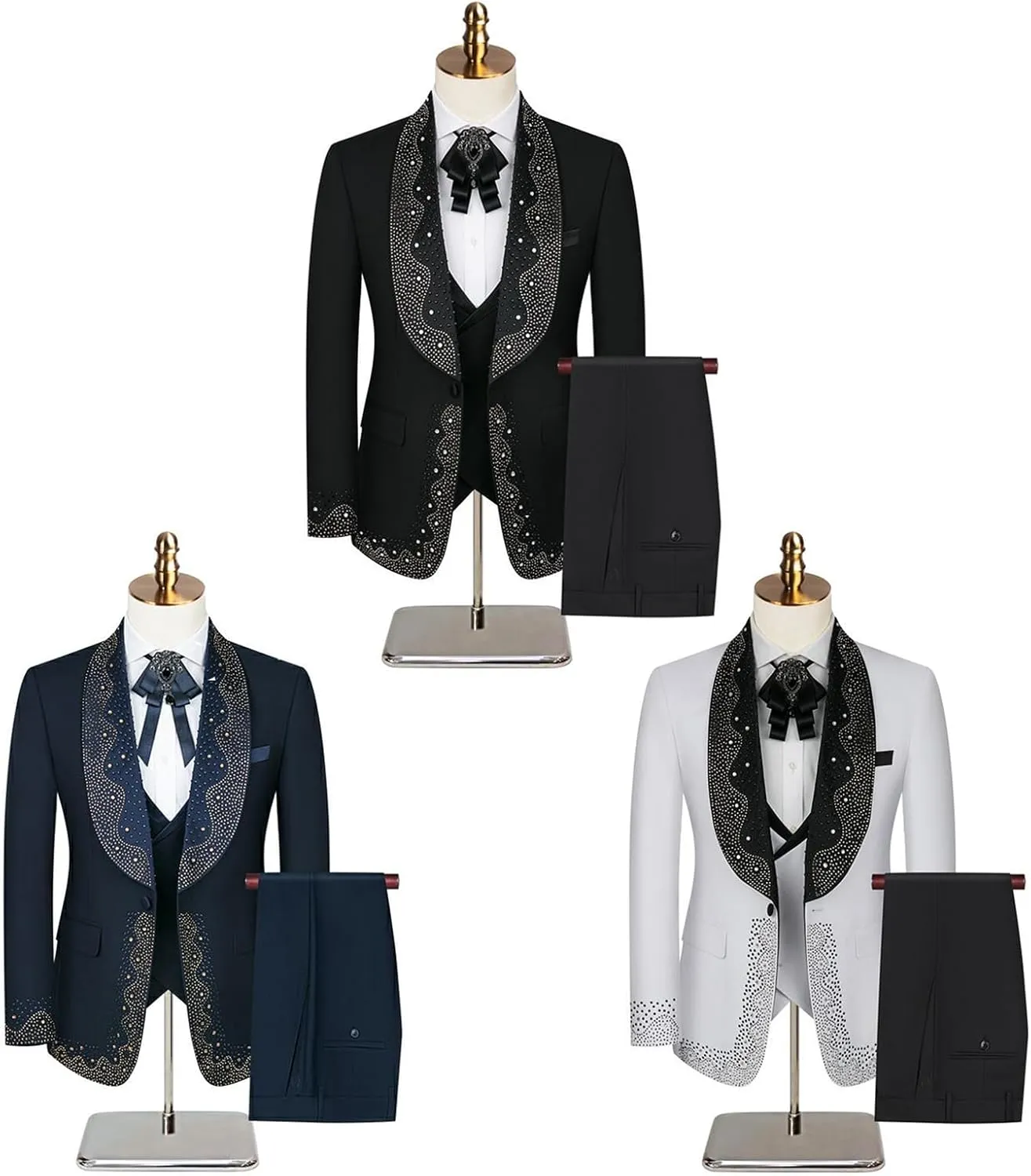 Mens Luxury 3 Pieces Suit with Rhinestone Slim Fit Shawl Lapel Blazer Jacket Vest Pants Set for Prom,Party,Dinner