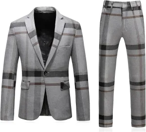 Mens Plaid Suit Slim Fit 2 Piece Casual Tuxedo Suit for Men Formal Blazer Pants Tuxedo Set for Wedding Business Party