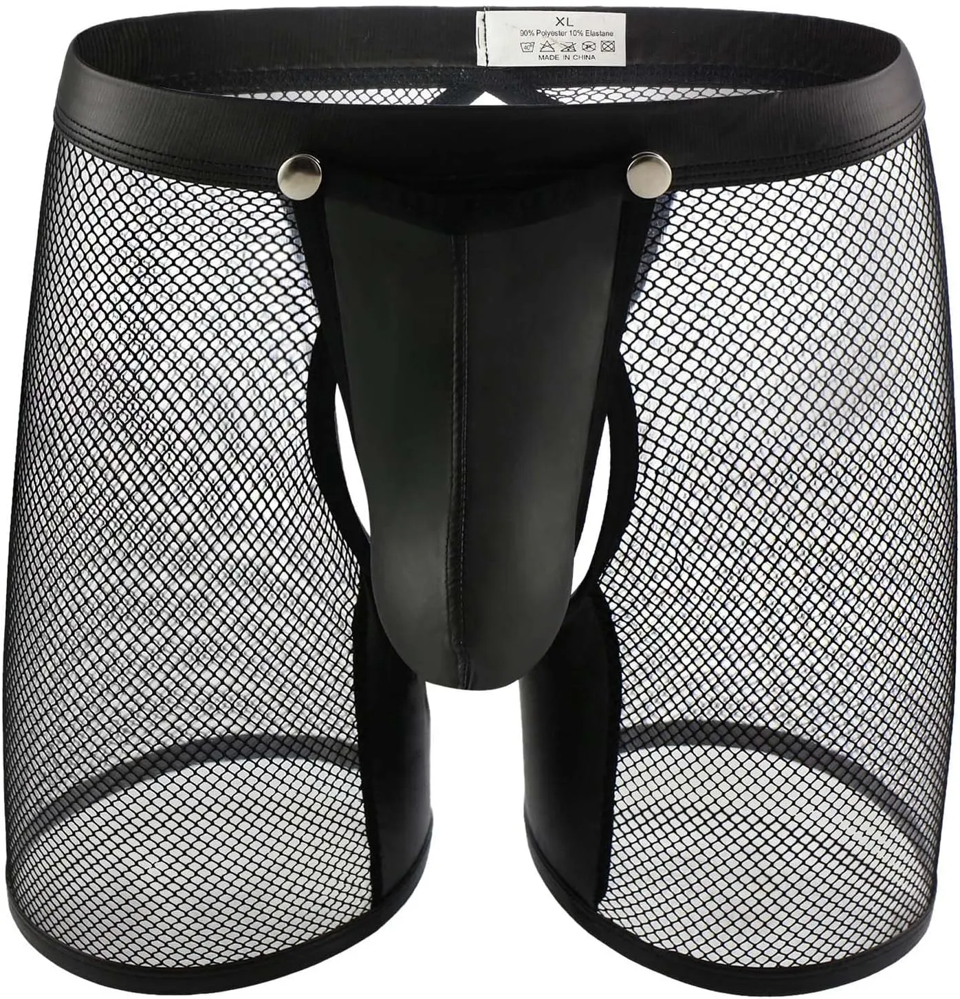 Men's See Through Sexy Mesh With Faux Leather Loose Shorts Pants Erotic Clubwear Button Removable Pouch Clubwear