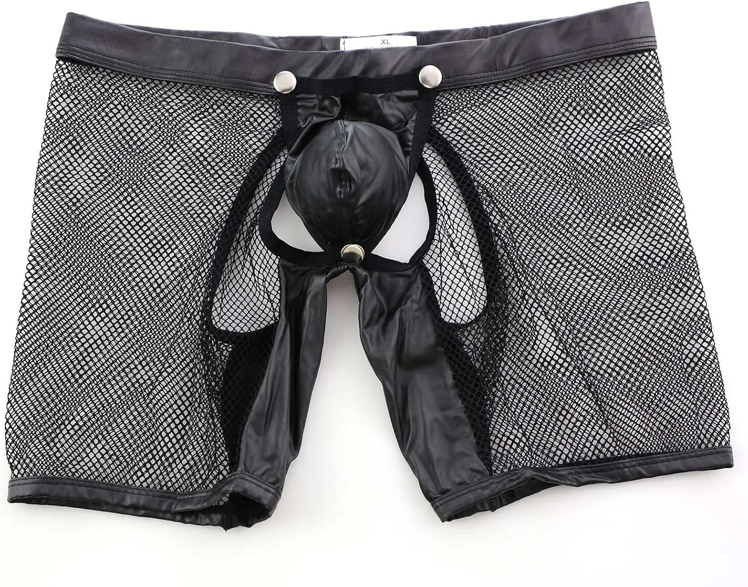 Men's See Through Sexy Mesh With Faux Leather Loose Shorts Pants Erotic Clubwear Button Removable Pouch Clubwear