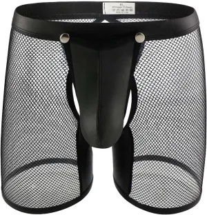 Men's See Through Sexy Mesh With Faux Leather Loose Shorts Pants Erotic Clubwear Button Removable Pouch Clubwear