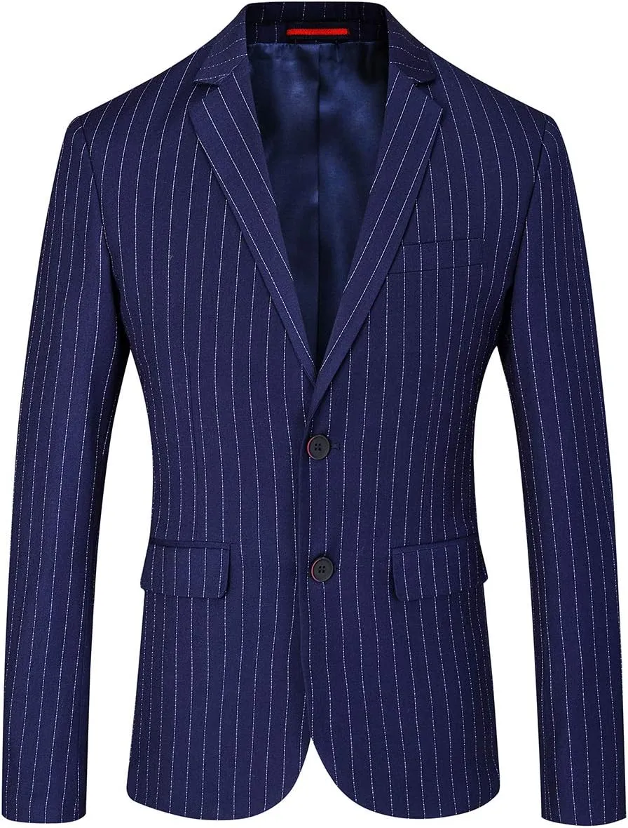Mens Slim Fit Casual Blazer Two Button Striped Suit Jacket
