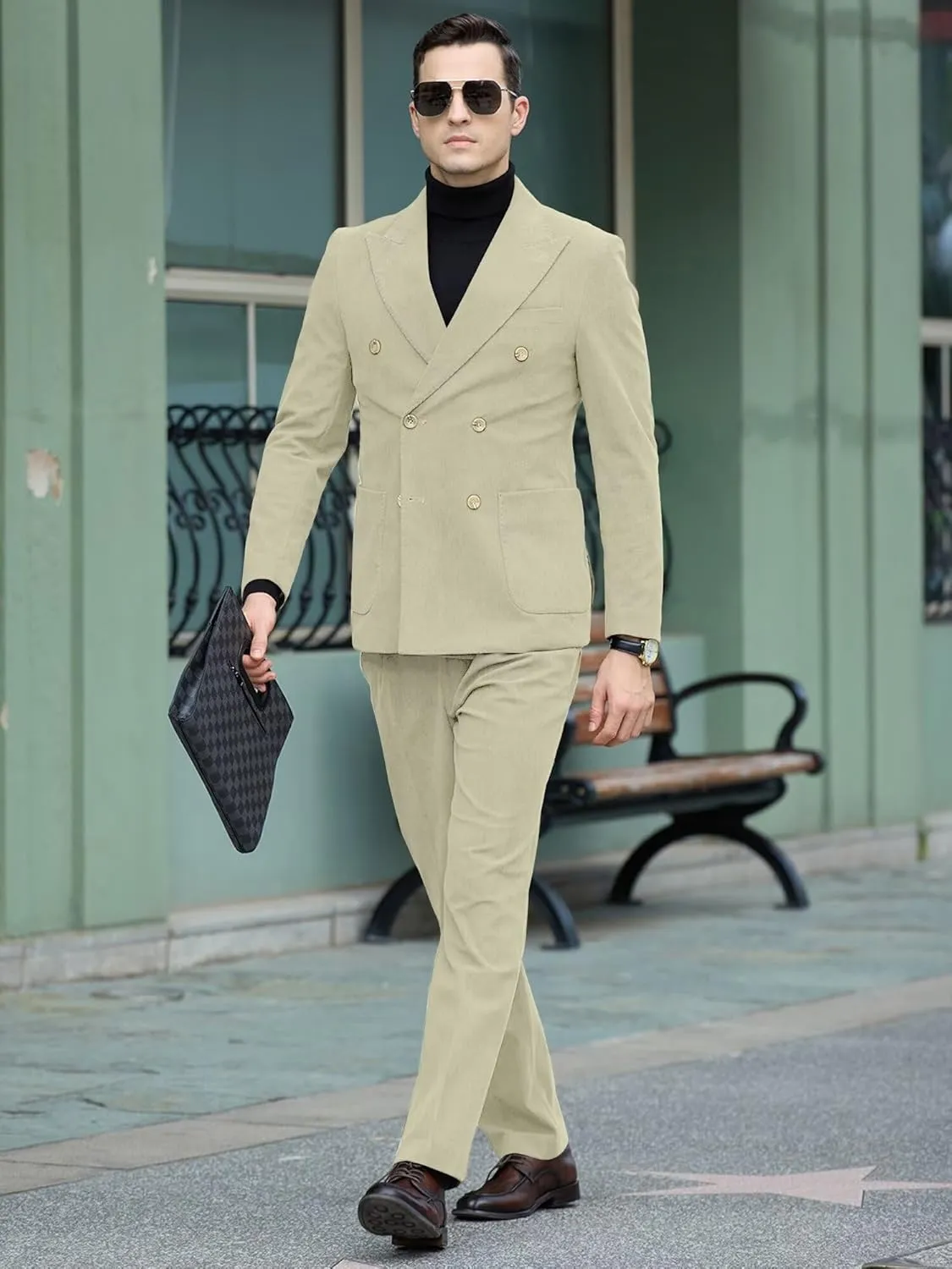 Mens Slim Fit Suit 2 Piece Corduroy Suits Double Breasted Suit Blazer Jacket Pants Set Formal Wedding Prom Tuxedos