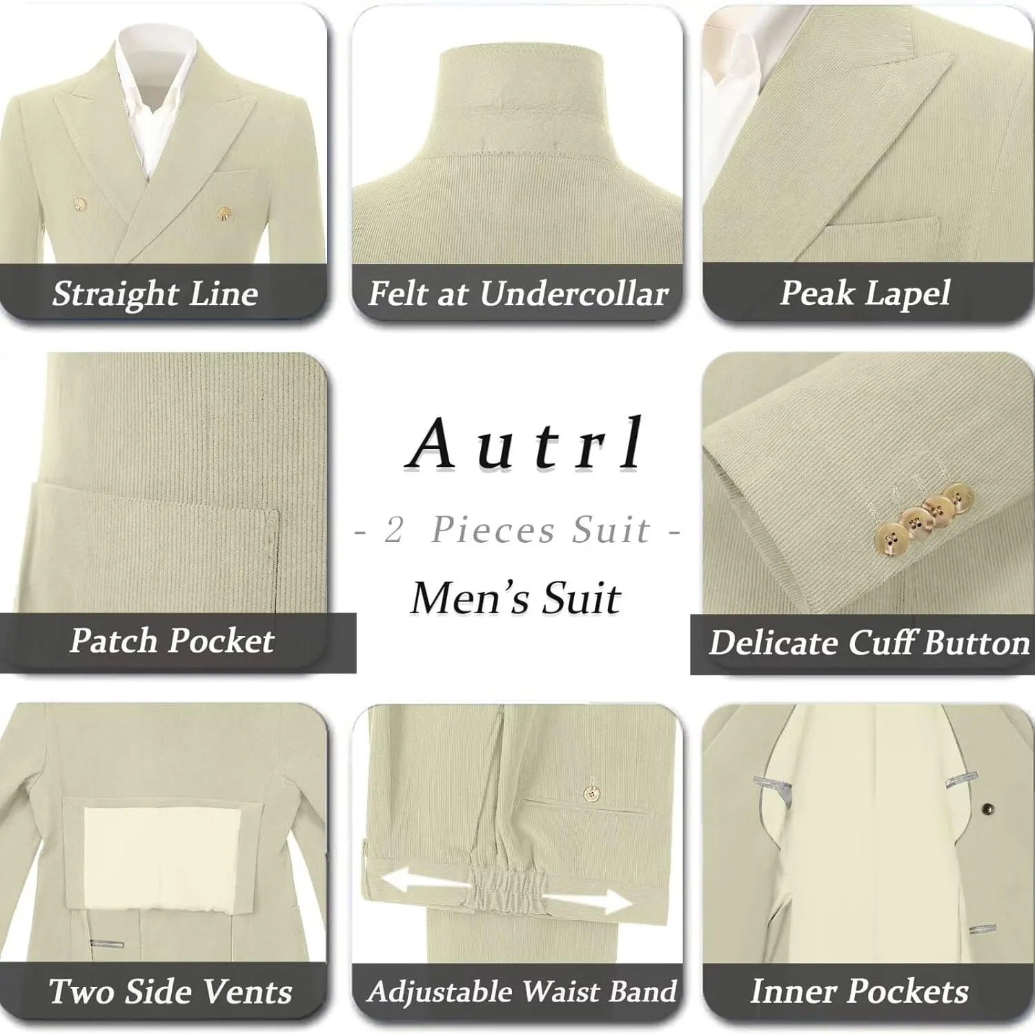 Mens Slim Fit Suit 2 Piece Corduroy Suits Double Breasted Suit Blazer Jacket Pants Set Formal Wedding Prom Tuxedos
