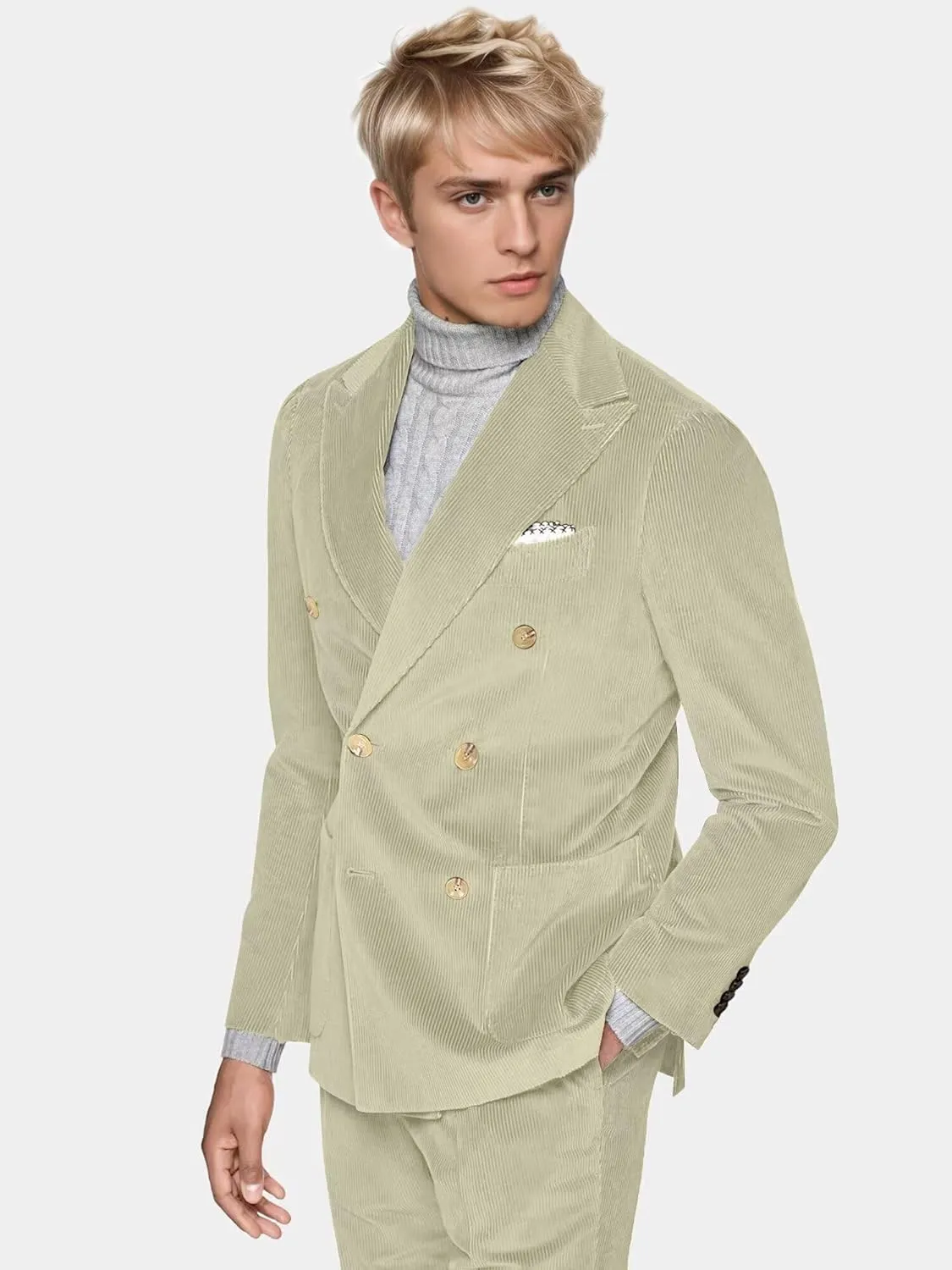 Mens Slim Fit Suit 2 Piece Corduroy Suits Double Breasted Suit Blazer Jacket Pants Set Formal Wedding Prom Tuxedos