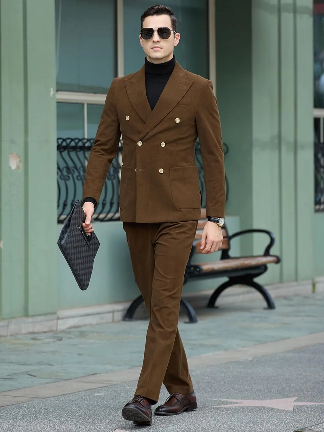 Mens Slim Fit Suit 2 Piece Corduroy Suits Double Breasted Suit Blazer Jacket Pants Set Formal Wedding Prom Tuxedos