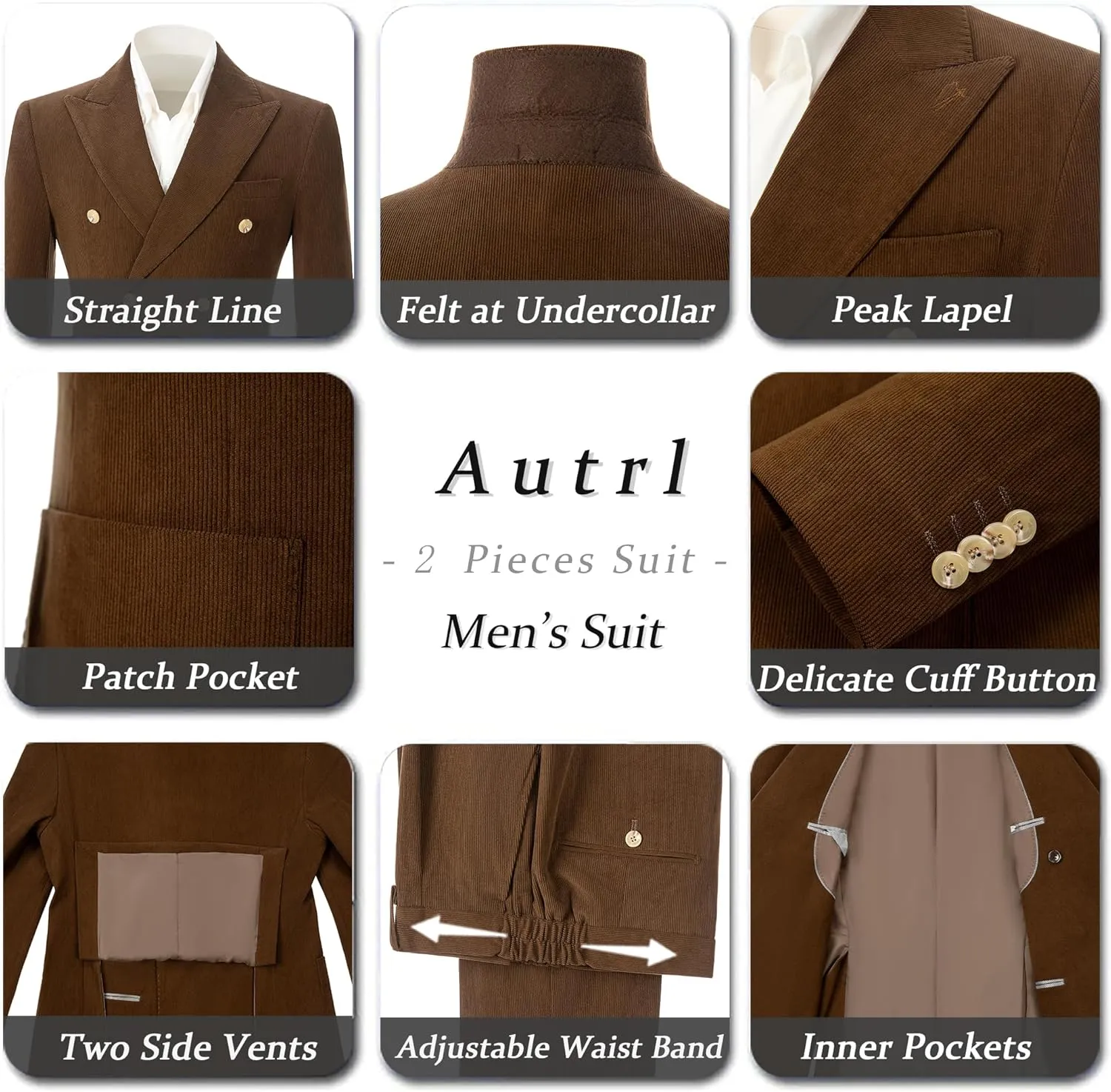 Mens Slim Fit Suit 2 Piece Corduroy Suits Double Breasted Suit Blazer Jacket Pants Set Formal Wedding Prom Tuxedos