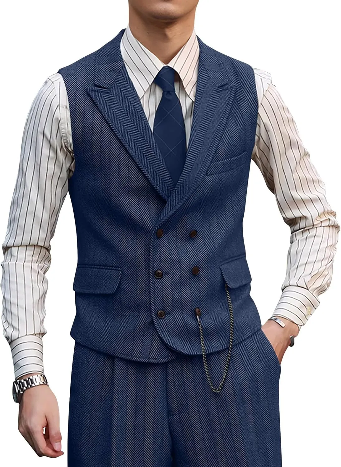 Mens Suit 3 Piece Tweed Herringbone Tuxedo Suit Wedding Suits for Mens Blazer Jacket Double Breasted Vest Pants Set