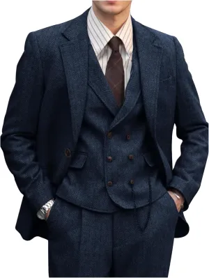 Mens Suit 3 Piece Tweed Herringbone Tuxedo Suit Wedding Suits for Mens Blazer Jacket Double Breasted Vest Pants Set