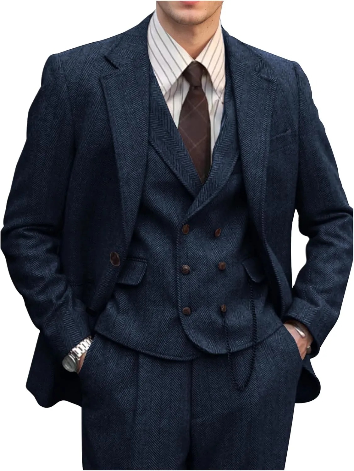 Mens Suit 3 Piece Tweed Herringbone Tuxedo Suit Wedding Suits for Mens Blazer Jacket Double Breasted Vest Pants Set