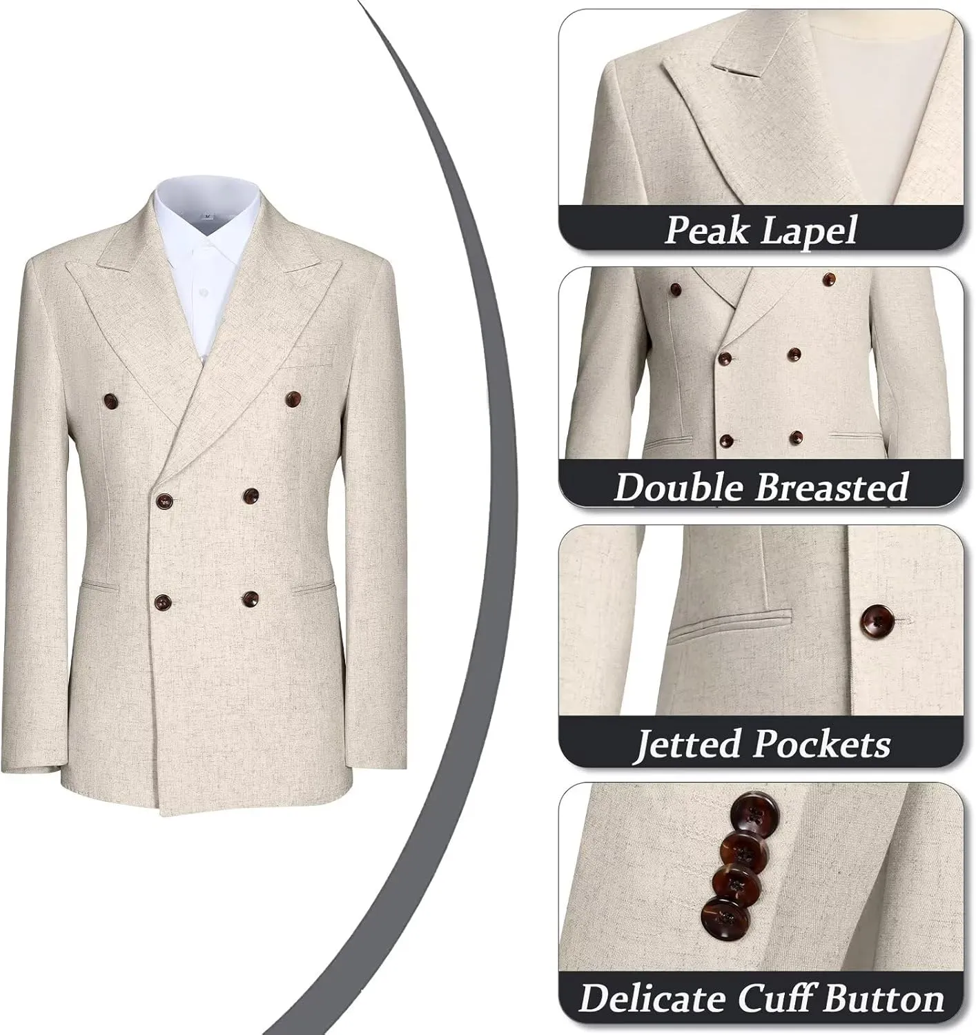 Mens Suits Linen 2 Piece Suit for Men Peak Lapel Slim Fit Suits Set Double Breasted Tuxedos for Wedding Prom