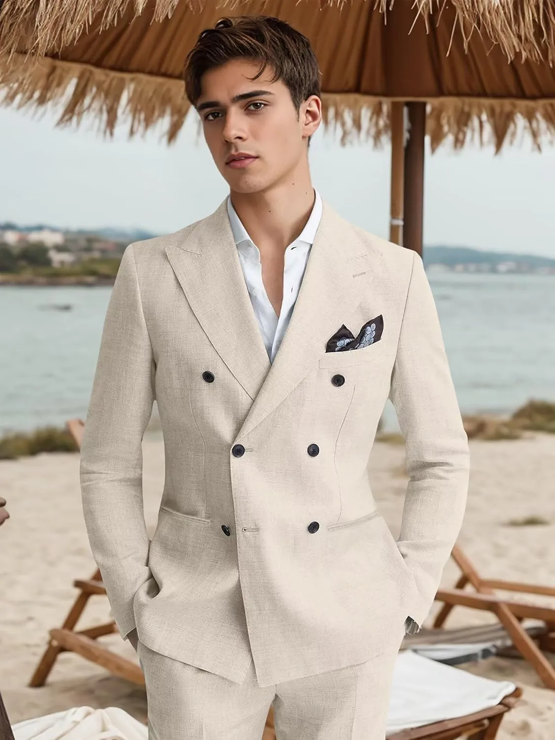 Mens Suits Linen 2 Piece Suit for Men Peak Lapel Slim Fit Suits Set Double Breasted Tuxedos for Wedding Prom