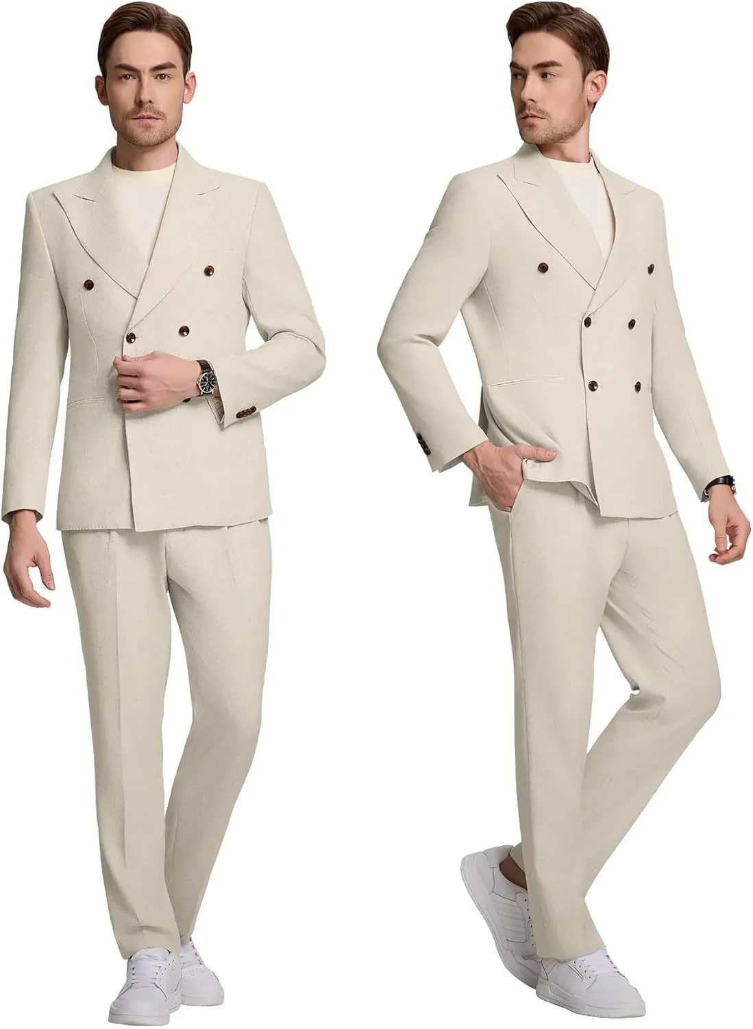 Mens Suits Linen 2 Piece Suit for Men Peak Lapel Slim Fit Suits Set Double Breasted Tuxedos for Wedding Prom