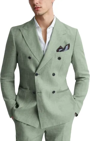 Mens Suits Linen 2 Piece Suit for Men Peak Lapel Slim Fit Suits Set Double Breasted Tuxedos for Wedding Prom