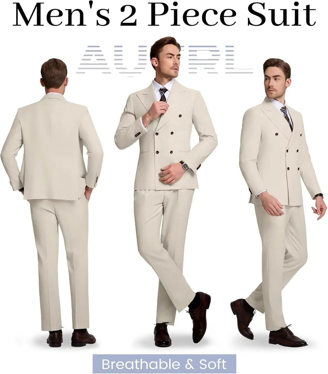 Mens Suits Linen 2 Piece Suit for Men Peak Lapel Slim Fit Suits Set Double Breasted Tuxedos for Wedding Prom