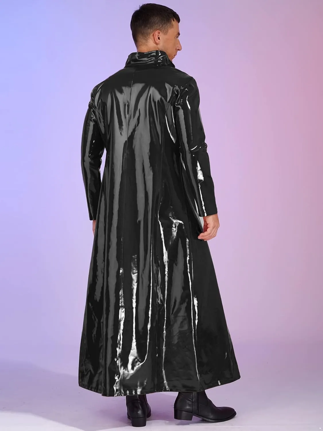 Men's Wetlook PVC Leather Long Sleeve Cloak Coat Steampunk Overcoat Trench Coat Clubwear