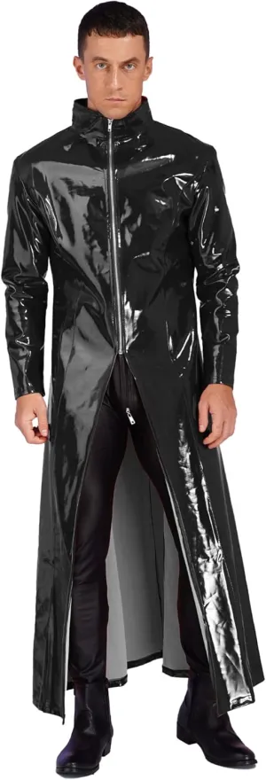 Men's Wetlook PVC Leather Long Sleeve Cloak Coat Steampunk Overcoat Trench Coat Clubwear