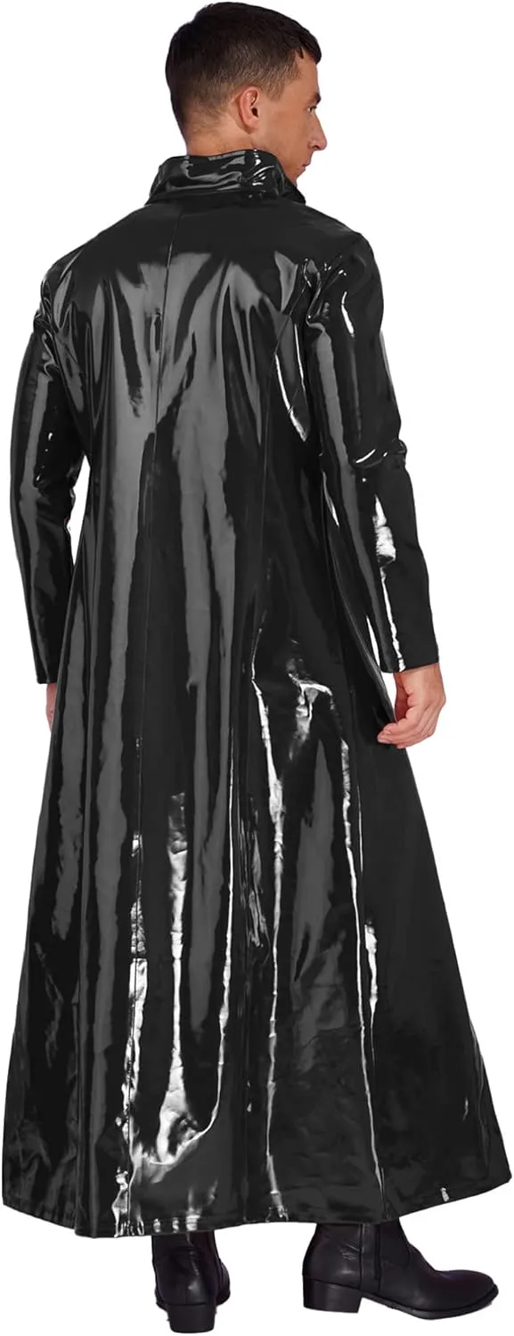 Men's Wetlook PVC Leather Long Sleeve Cloak Coat Steampunk Overcoat Trench Coat Clubwear