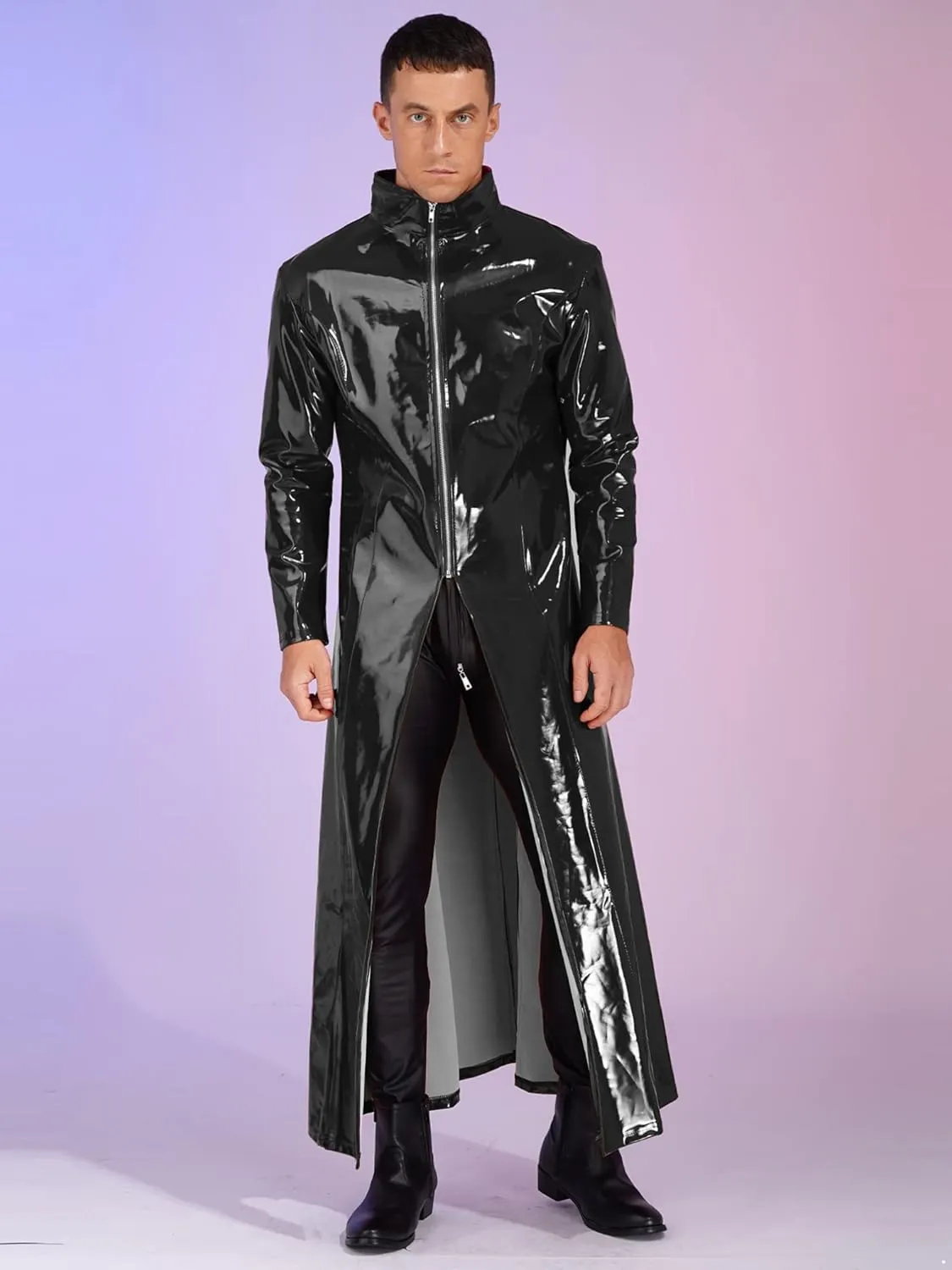 Men's Wetlook PVC Leather Long Sleeve Cloak Coat Steampunk Overcoat Trench Coat Clubwear