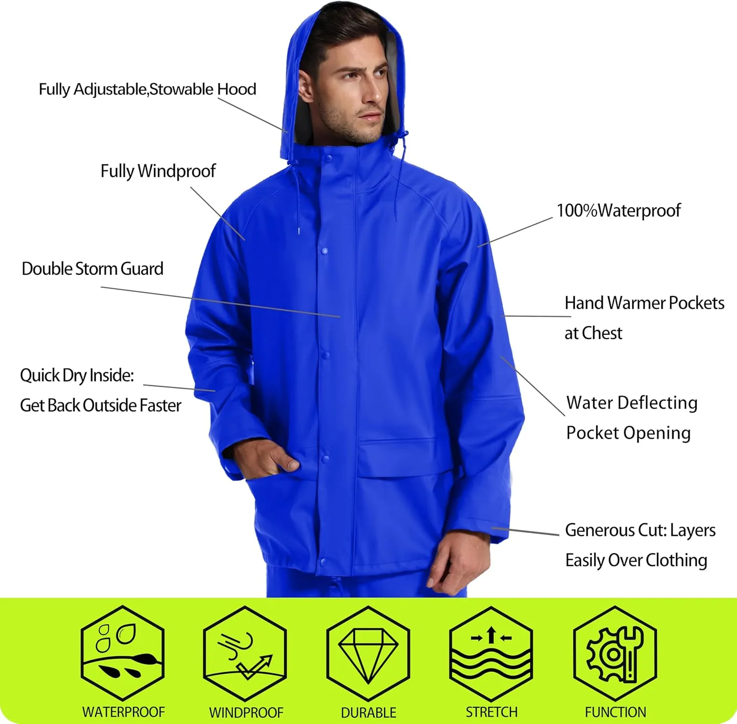 Men's Workwear Rain Suit - Hi Vis Waterproof Jacket&Pants 3-piece Set, Foul Weather Gear for Safety