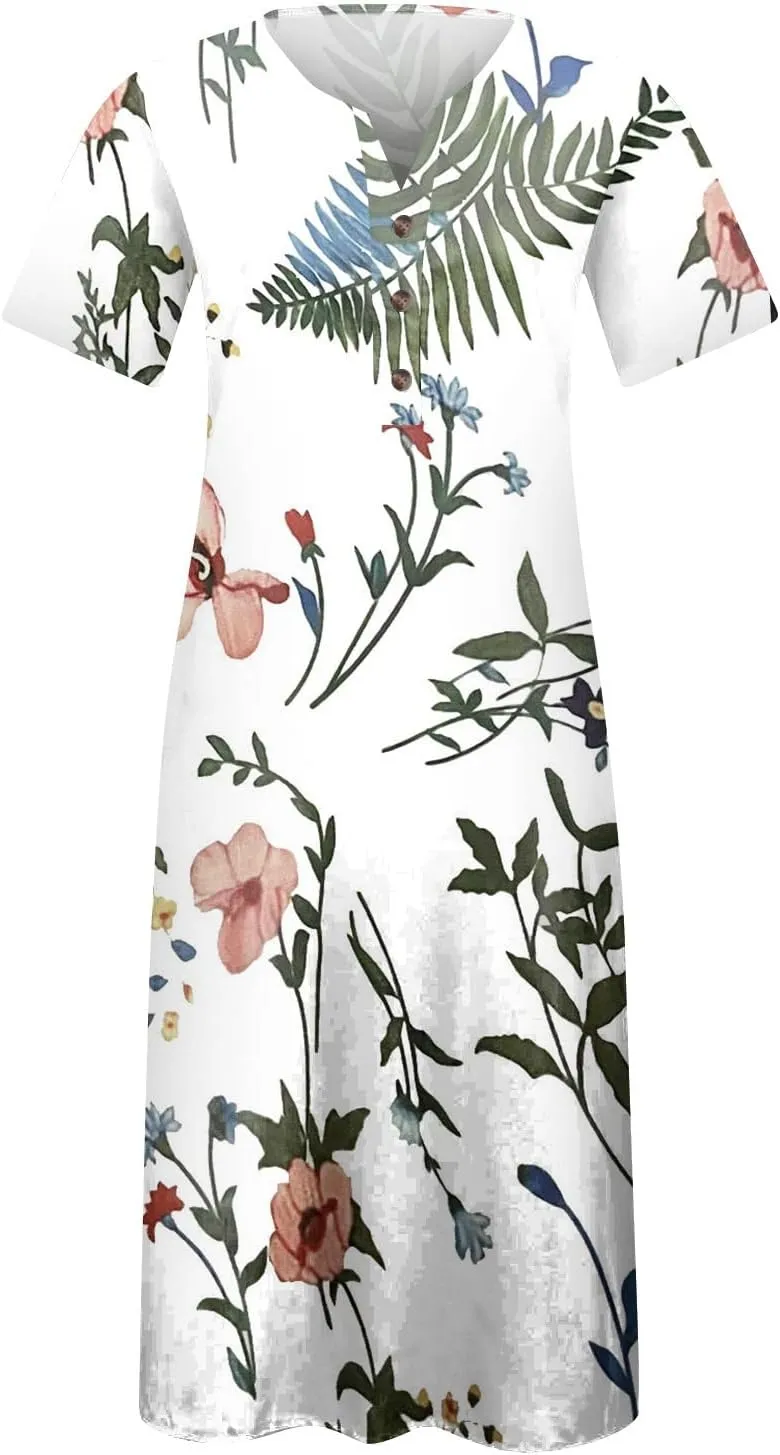 Midi Dresses for Women Elegant Floral Sexy V Neck Short Sleeve Summer Dress Casual Button Down Smocked Flowy Dress