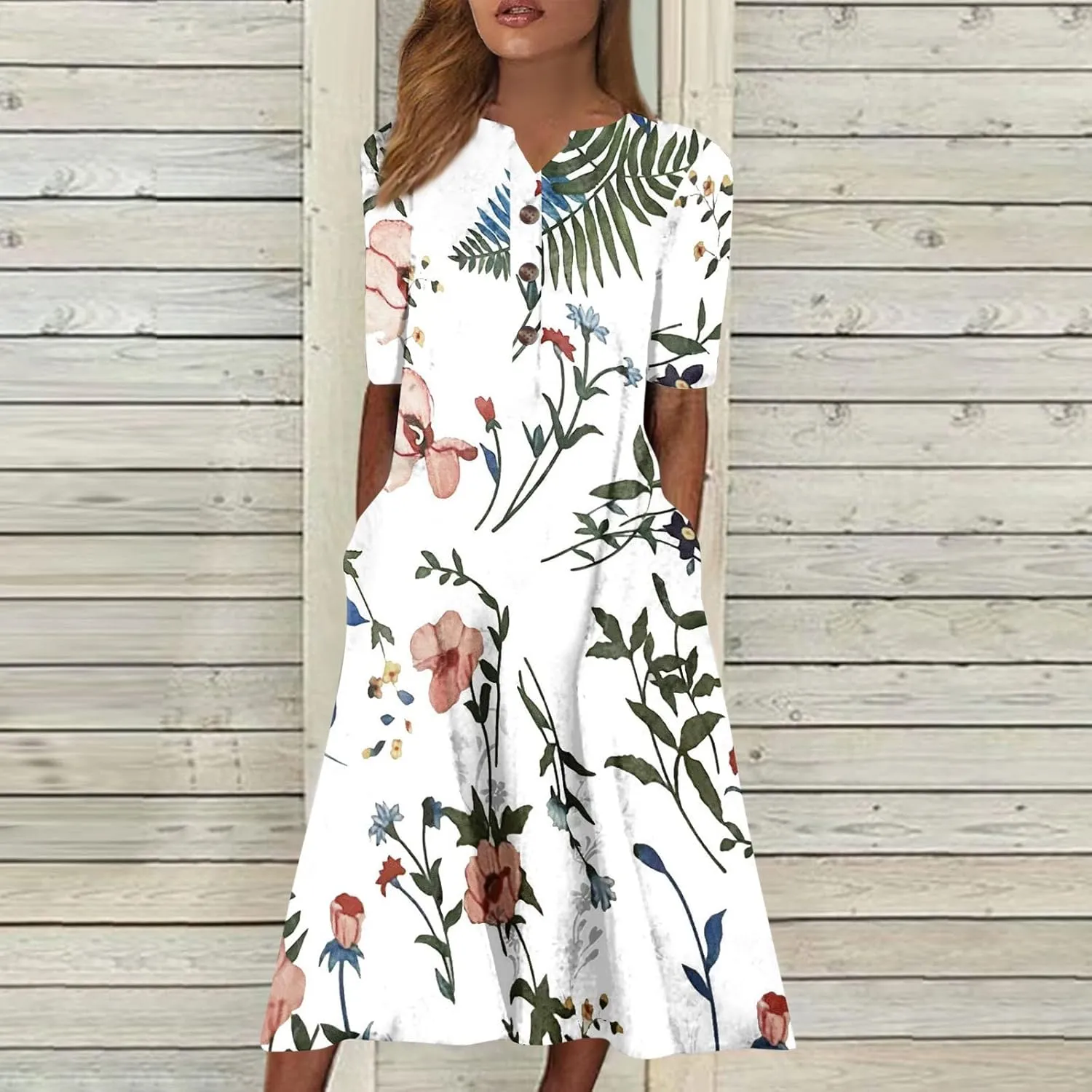 Midi Dresses for Women Elegant Floral Sexy V Neck Short Sleeve Summer Dress Casual Button Down Smocked Flowy Dress