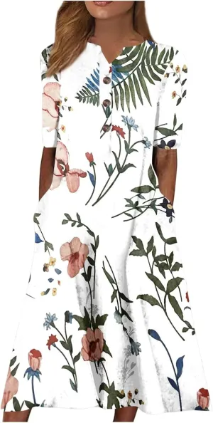 Midi Dresses for Women Elegant Floral Sexy V Neck Short Sleeve Summer Dress Casual Button Down Smocked Flowy Dress